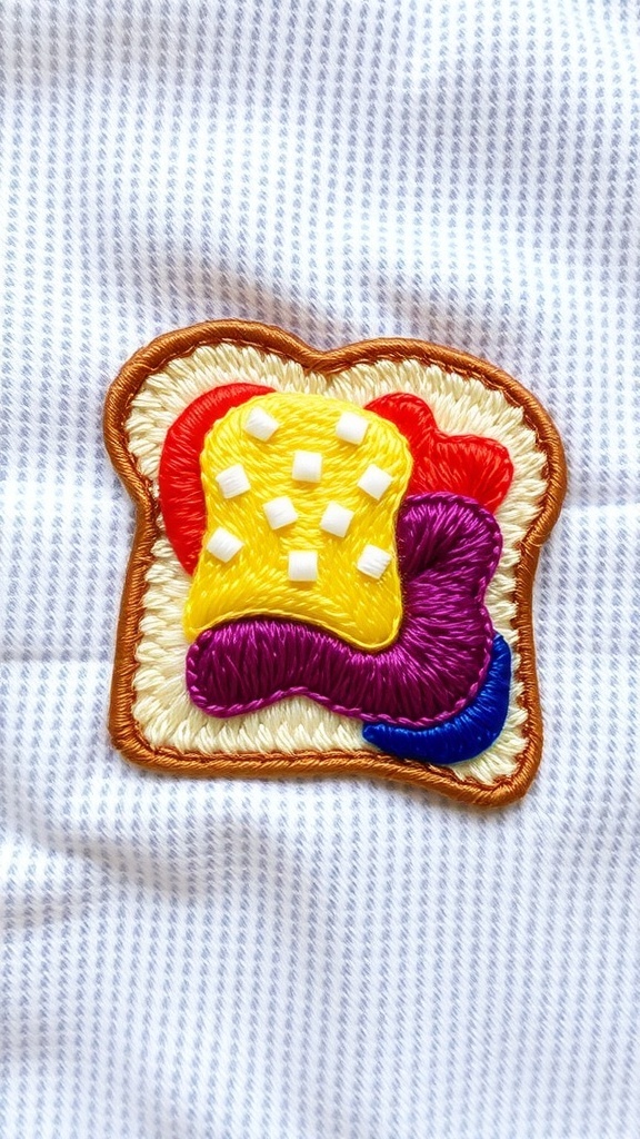 Colorful embroidery of a slice of toast with butter and jam on a soft fabric background.